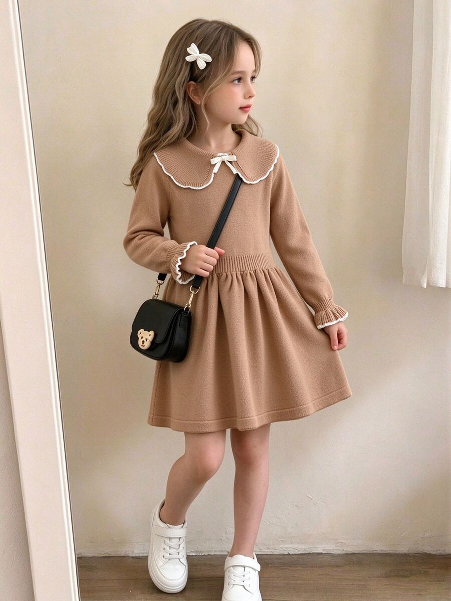 Souflis Souflis 女童針織毛衣洋裝,幼兒嬰兒套頭式荷葉領杏色長袖毛衣洋裝,舒適適合秋冬,手工蝴蝶結,精緻優雅百搭時尚淑女風,適合日常穿著、外出與旅行 - 卡其色 - 查看 1