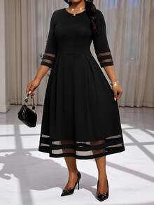 SHEIN CURVE+ Plus Size 22W Autumn/Winter New Mesh Patchwork Dress, Recommended Party & Banquet Style, Suitable For Halloween & Christmas - Black - View 4