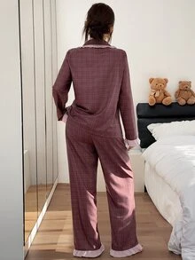 Napfluff Women's Colorblock Long Sleeve Top And Pants Casual Daily Home Sleepwear Set - Brown - View 2