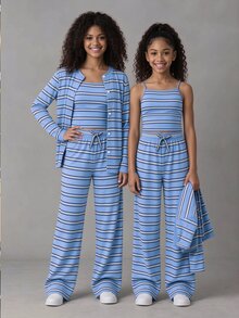 Tween Girl Fall Outfits Fall Striped Jacket & Suspenders Pants Set, Holiday Outfits, Casual, Comfortable - Multicolor - View 3
