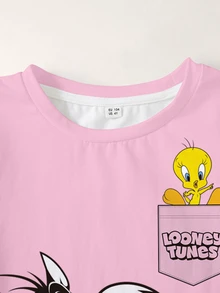 LOONEY TUNES X SHEIN Young Girl Letter Graphic Casual Daily Short Sleeve T-Shirt - White - View 3