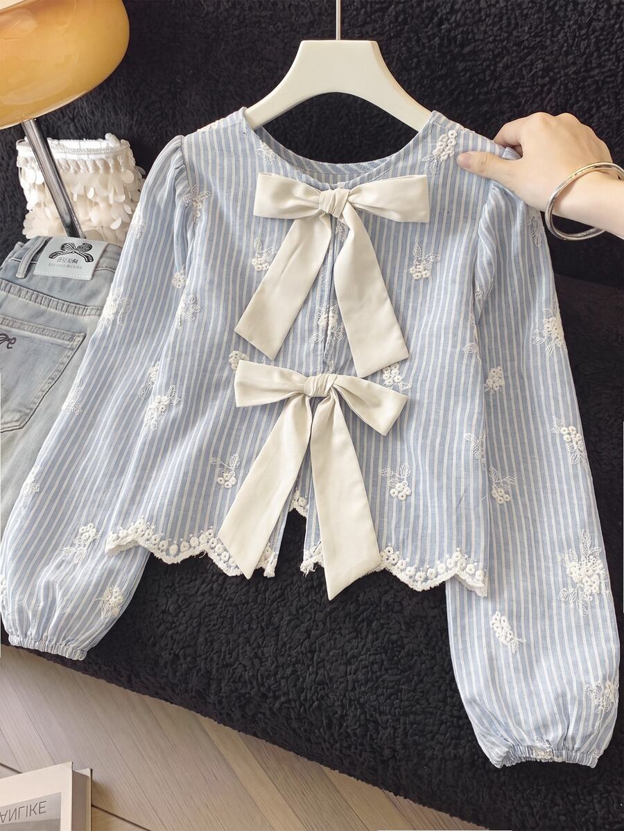 SHEIN Tween Girl Striped Floral Embroidered Pattern Casual Daily Long Sleeve Shirt - Blue and White - View 1