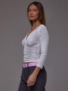 MUSERA White Lace V Neck 3/4 Sleeve Top Autumn Fall Winter Cute Everyday Office Corporate Romance - White - View 3