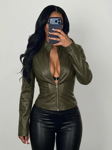 SHEIN SXY 性感修身長袖拉鍊夾克 - 墨綠色 - 查看 1