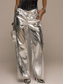 MUSERA Metallic Silver Mid Rise Loose Fit Trouser Autumn Winter Fall Sexy Girly Cute Going Out Christmas Girls Bathroom - Silver - View 2