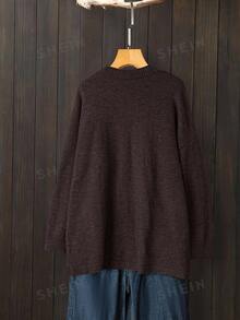 Linhara Casual minimalist långärmad kofta med knappar i plus size för kvinnor, höst- och vinterkläder - Kaffebrun - Visa 2