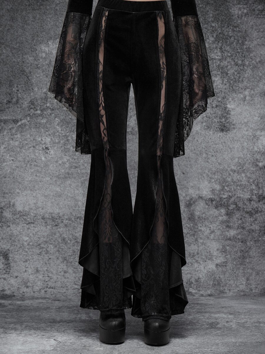 Cryptelle Women's High Waist Lace Patchwork Sexy Flare Leg Pants, Gothic Style Halloween Outfit, Autumn/Winter - Black - View 1