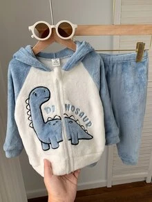 SHEIN Baby Boy Autumn/Winter Plush Blue Dinosaur Outfit Suitable For Holidays, Halloween, Christmas - Baby Blue - View 1