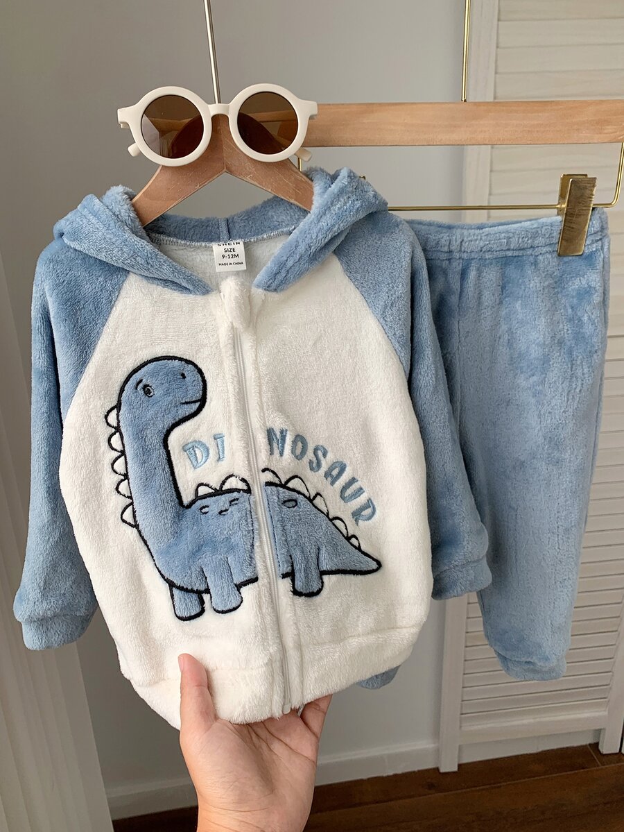 SHEIN Baby Boy Autumn/Winter Plush Blue Dinosaur Outfit Suitable For Holidays, Halloween, Christmas - Baby Blue - View 1