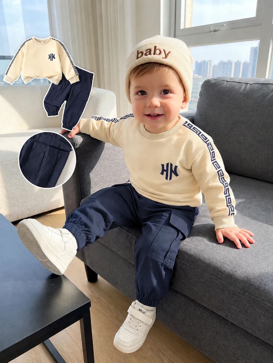 SHEIN 2件組幼兒男童運動衫長褲套裝,可愛米色海軍藍條紋刺繡工裝風,長袖圓領,寬鬆版型,適合秋季假日派對的大哥哥穿搭 - 彩色 - 查看 1