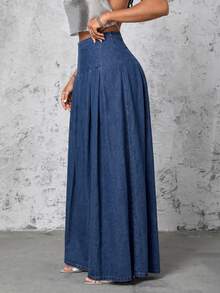 Selenza High Waist Fold Pleated Denim Skirt - Dark Wash - View 7
