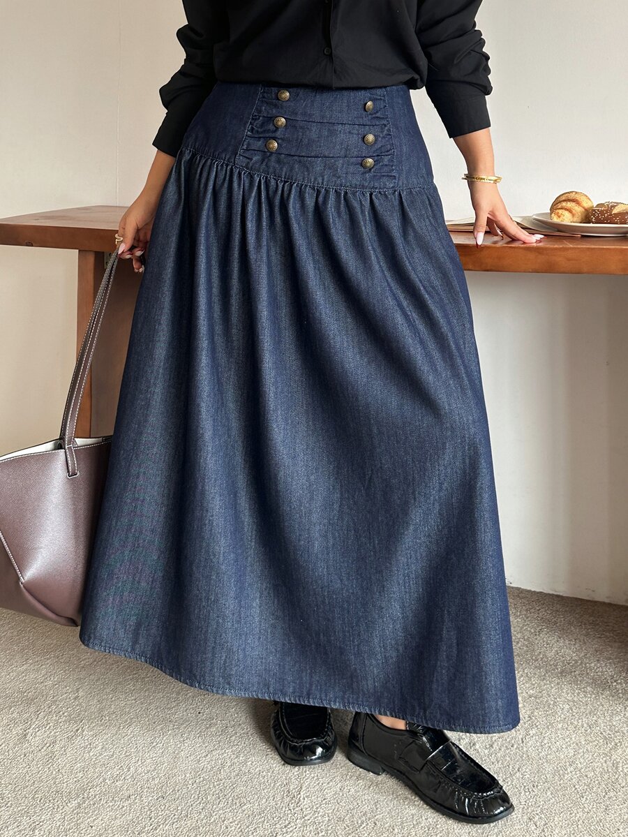 Dazy Plus Double-Breasted Design Long Loose Elegant Denim Skirt - Dark Wash - View 1