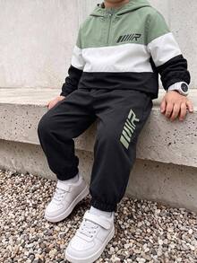 SHEIN KidsTweenBoy Casual Sports Pattern Colorblock Hooded Jacket & Black Pants Set, Suitable For Fall/Winter, School, Family Gathering, Vacation, Party, FallOutfit, WinterOutfit, Boys Outfit Set - Multicolor - View 2
