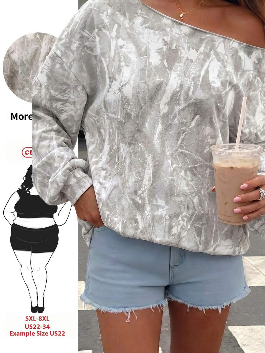 SHEIN CURVE+ 女款休閒復古露肩寬鬆衛衣,秋冬款,樹枝印花 - 彩色 - 查看 1
