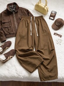 Comfortcana Plus Size Women's Drawstring Waist Plaid Wide Leg Loose Casual Long Pants - Brown - View 5