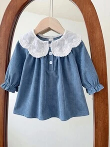 SHEIN Newborn Baby Peter Collar Ruffle Casual Daily Summer Dress - Blue - View 4