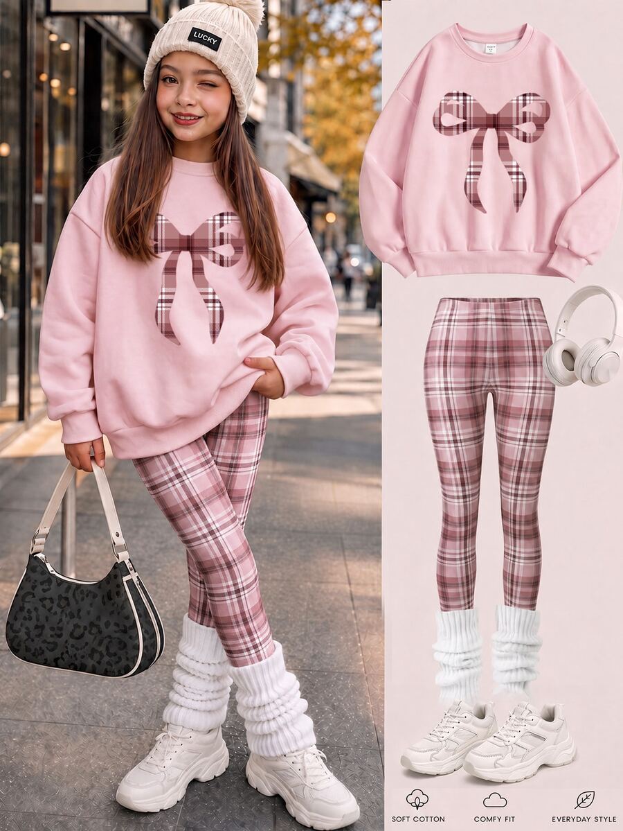 Tween女孩卡其色冬季家庭套裝舒適柔軟保暖格紋蝴蝶結印花長袖秋季款 - 白色 - 查看 1