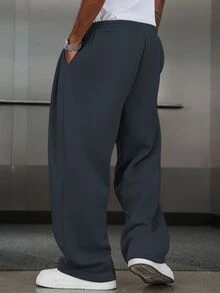 Manfinity EMRG 男士純色抽繩腰口袋休閒寬鬆運動長褲，灰色寬腿大廓形 Y2K 回校季健身褲 - 深灰色 - 查看 2