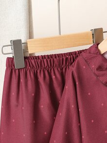 SHEIN 2件組女童藍色夏季仙女之夜睡衣秋冬套裝，可愛兔子波點印花梭織布長袖開襟衫配荷葉領與長褲 - 酒紅色 - 查看 4