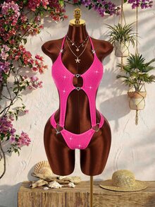 Amplova Women's Sexy One-Piece Cutout Bodycon Swimsuit, Fuchsia Rhinestone Embellished, Suitable For Autumn/Winter Party And Summer Beach Wear, Sexy Avant-Garde Hollow Design - Hot Pink - View 4