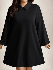 Comfylo 大尺碼女款秋季優雅黑白拼接袖襯衫領長袖洋裝 辦公正式返校教師節秋季穿搭 - 黑色 - 查看 5