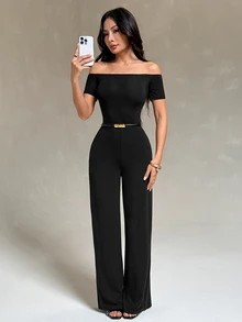 SHEIN PETITE Elegant Women's Off-Shoulder Fitted Jumpsuit - Black - View 7