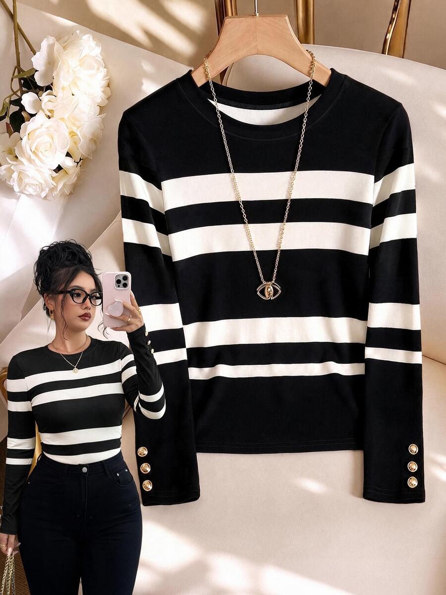 GlowEve CURVE Plus Size Women's Elegant Casual Black & White Striped ...