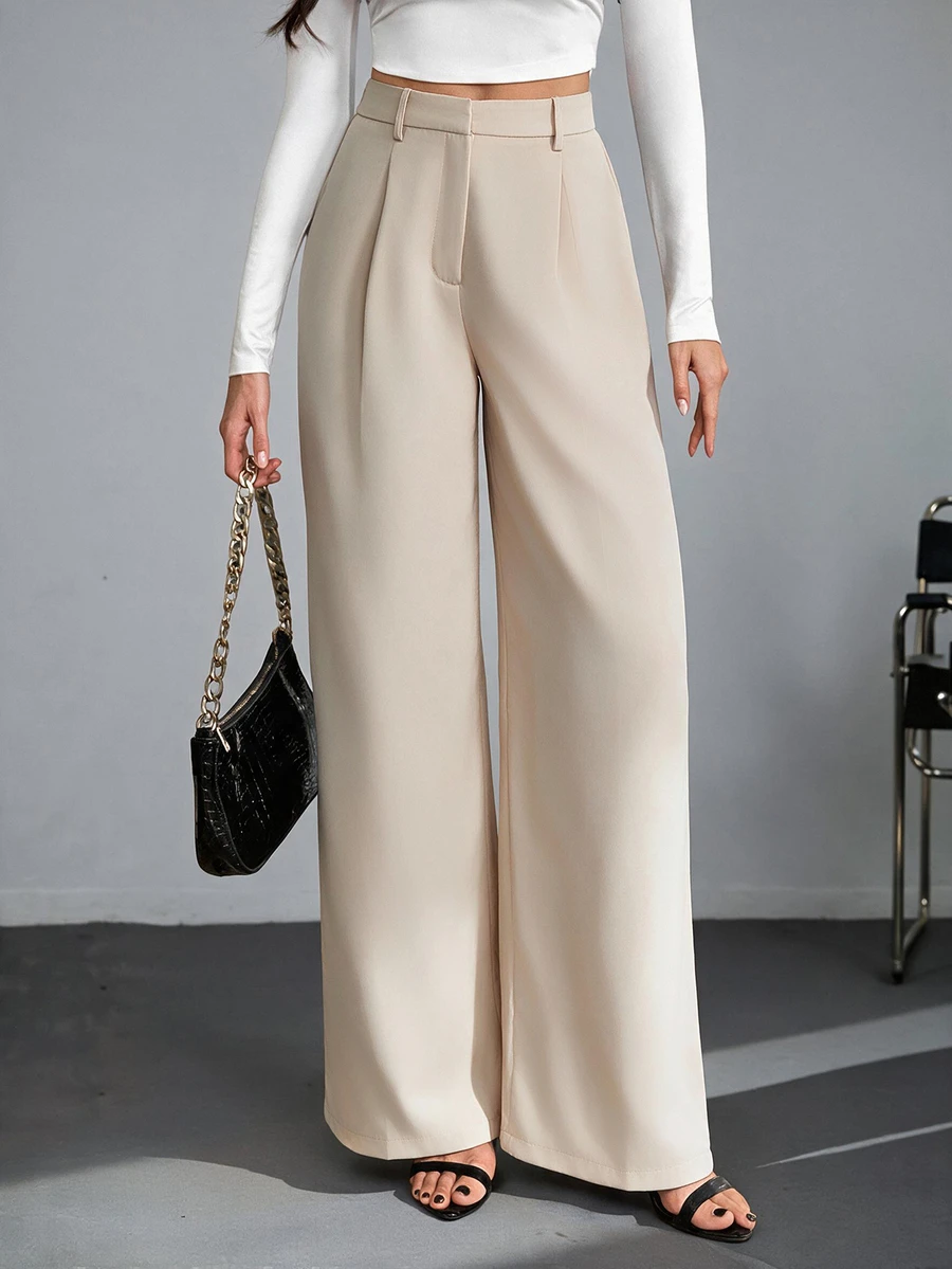 SHEIN Tall 女款黑色高腰寬腿長褲,優雅商務休閒上班西裝褲,高挑百搭純色秋冬老錢風正裝褲 - 卡其色 - 查看 1