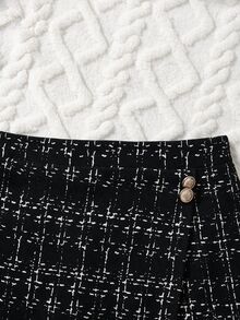 SHEIN 青少年女孩修身休閒極簡舒適高領毛衣與格紋迷你秋季裙套裝 - 黑色 - 查看 5