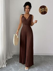 Elenzga 女款春夏優雅通勤黃色V領無袖金屬扣褶皺收腰修身連身褲 - 棕色 - 查看 3