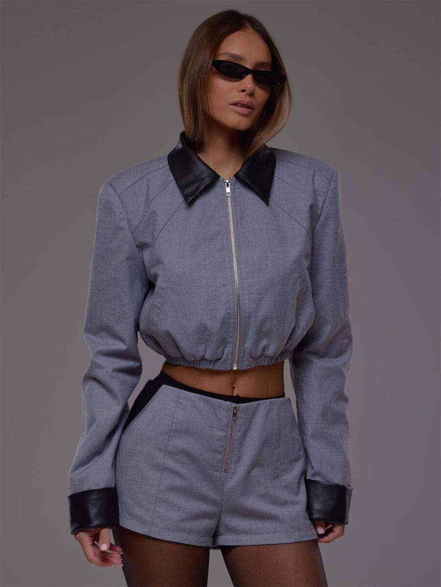 MUSERA Grey Contrast Cropped Blazer Sold Seperately Autumn Fall Winter Cute Everyday Office Corporate Romance - Grey - View 1