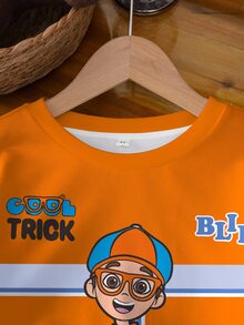 Blippi X SHEIN 小男孩字母卡通印花休閒日常長袖運動衫 - 白色 - 查看 3