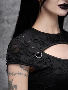 Cryptelle Women's Texture Distressed Knit T-Shirt Cut Out Tops Autumn/Winter Black Gothic Halloween Outfit Party Night - Black - View 4