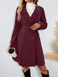 SHEIN Clasi 女款長領環扣收腰灰色風衣，秋冬女裝 - 酒紅色 - 查看 5
