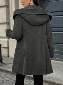 SHEIN LUNE CURVE Plus Double Breasted Hooded Overcoat - Black - View 2