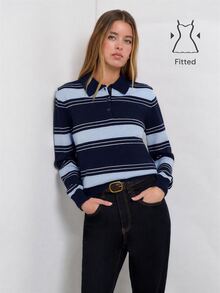 Nöista Knitted Casual Polo Collar Striped Shirt - Blue - View 2