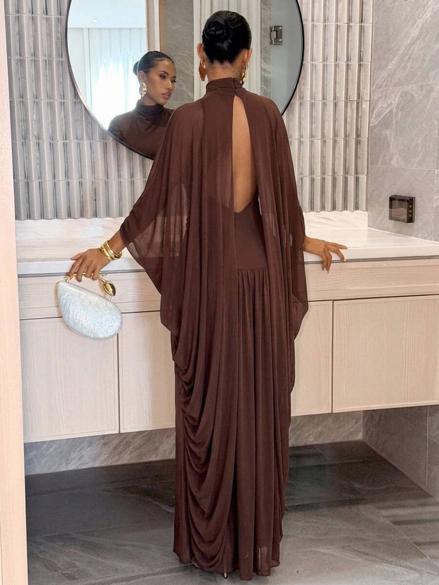 Aloruh Women's Elegant 2 In 1 Shawl Style Loose Mesh Brown Dress - Brown - View 1
