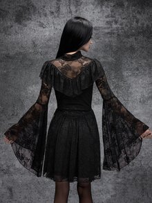 Cryptelle Women's High Elastic Ruffle Trim Lace Mesh Bell Sleeve Short Mini Dress Autumn/Winter Black Gothic Style Halloween Outfit Costume Party Night - Black - View 2