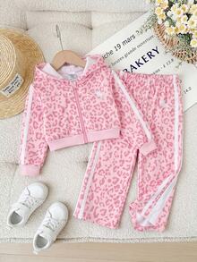 SHEIN Baby Girl Leopard Print Hooded Jacket And Striped Colorblock Pants Set - Pink - View 4