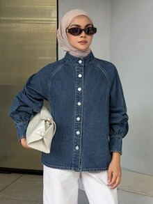 DAZY Women's Raglan Sleeve Single-Breasted Casual Denim Jacket - Blue - View 3