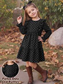 SHEIN Young Girl Woven Cute Kids Casual Polka Dot Pattern Ruffle Style Dress, Long Sleeve Dress, Suitable For Summer And Autumn, Perfect For Casual Daily - Black - View 1