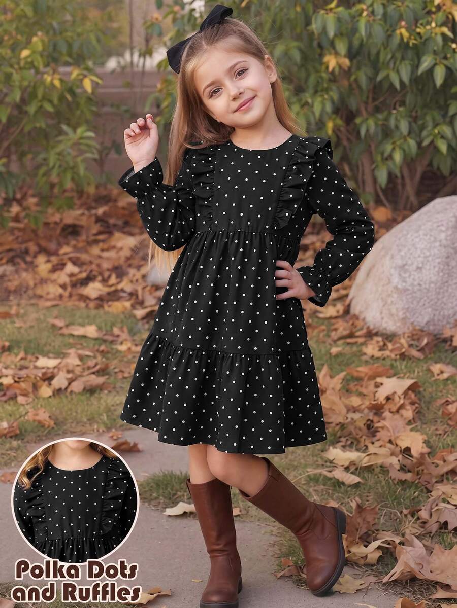 SHEIN Young Girl Woven Cute Kids Casual Polka Dot Pattern Ruffle Style Dress, Long Sleeve Dress, Suitable For Summer And Autumn, Perfect For Casual Daily - Black - View 1