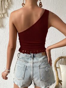 SHEIN VCAY 女款度假休閒純色單肩流蘇下擺上衣 - 酒紅色 - 查看 2