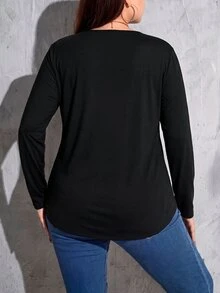 Shapeblank 休閒大尺碼黑色圓領長袖T恤，適合秋冬穿著，黑色上衣 - 黑色 - 查看 2