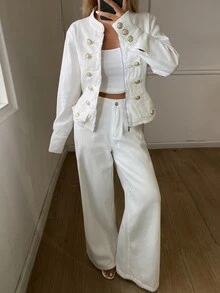 Livesso Autumn White Cotton Turn-Down Collar Button Pocket Decor Short Denim Jacket With Wide Leg Denim Pants Set - White - View 3