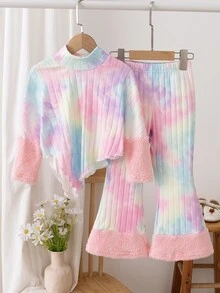 SHEIN 女童紮染羅紋兩件套，半高領不對稱上衣搭配毛絨拼接袖口 + 喇叭寬腿褲套裝，拍照吸睛派對穿搭，春/秋季 - 彩色 - 查看 3