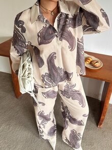 Dazy Plus Autumn New Loose Casual Lapel Long Sleeve Shirt & High Waist Wide Leg Pants 2 Pieces Set - Khaki - View 5
