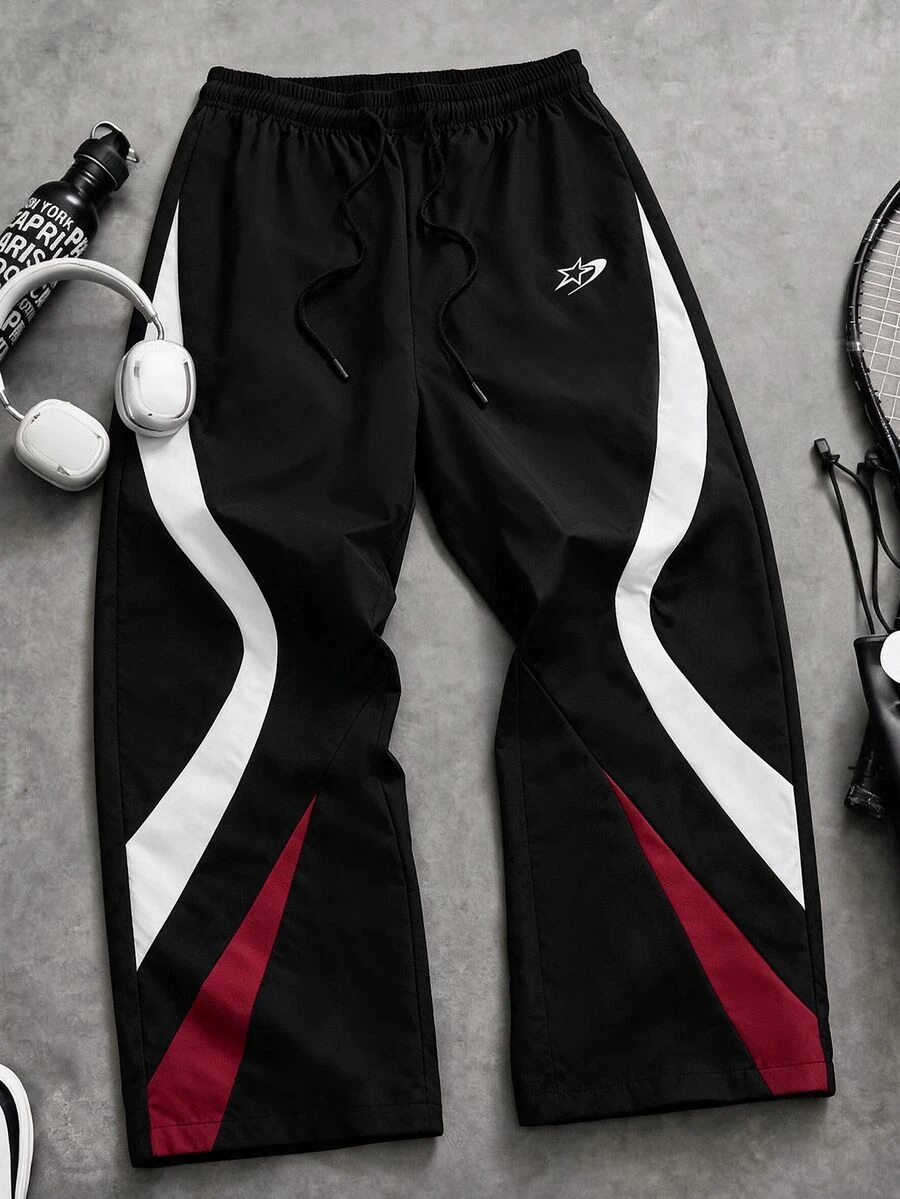Streetwear Colorblock All-Season Versatile Boys Long Pants, Patchwork Print, Straight Leg Drawstring Casual Pants For Mid-To-Tween Boy, Comfortable Fabric And Novel Style, Suitable For Daily Casual And Outdoor Wear - Black - View 1