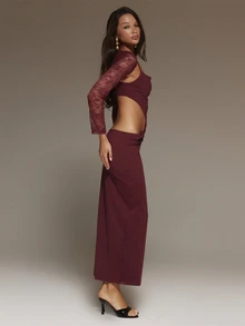 MUSERA Red Cut Out Maxi Dress With Lace Bolero Autumn Winter Going Out Dating Christmas Holidays - Burgundy - View 4