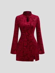 Sweetra Women's Autumn/Winter New Chinese Style & Burgundy Velvet Jacquard Short Long Sleeve Dress - Burgundy - View 7